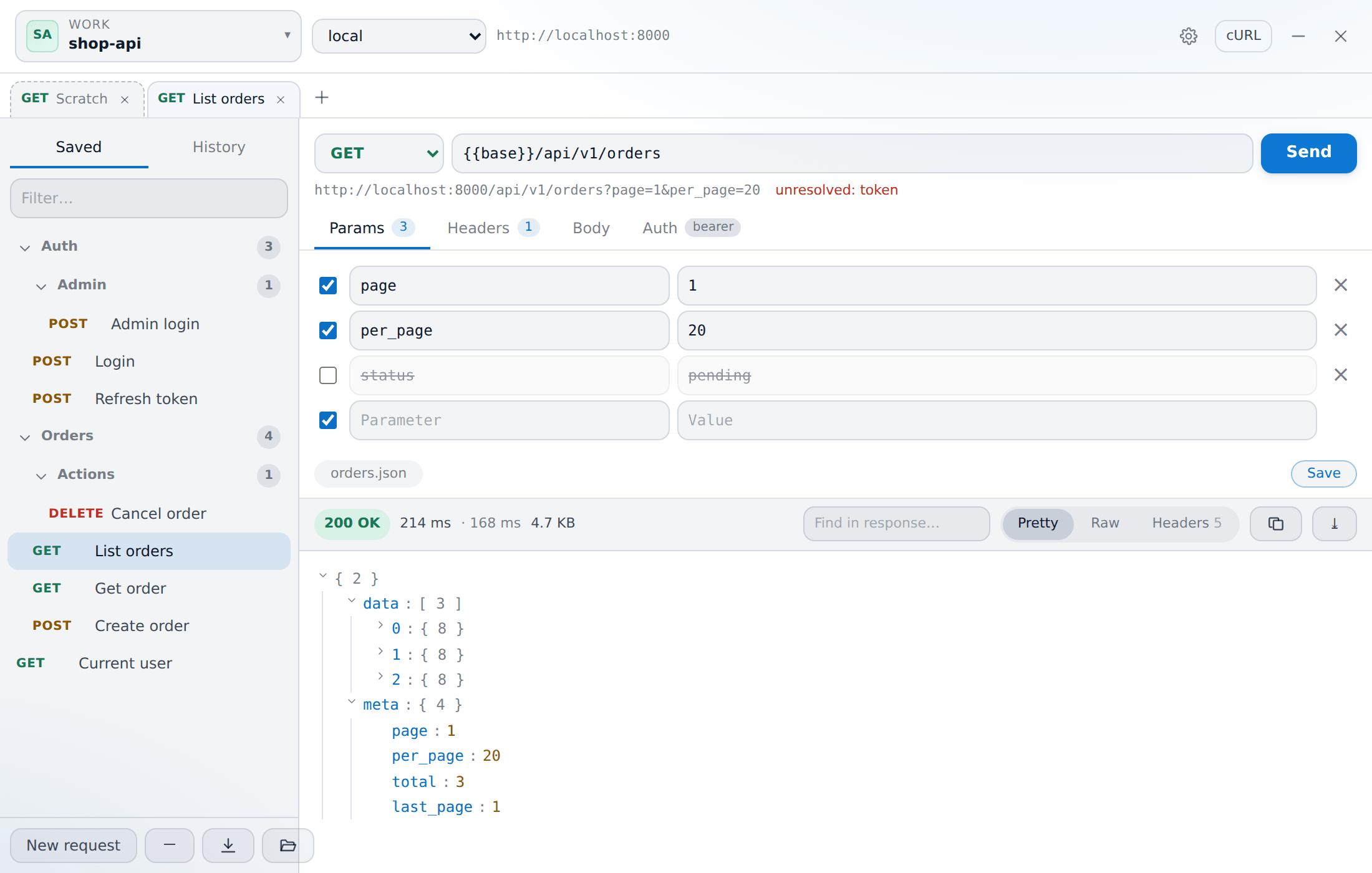 Folder tree, request, and response — timing, size, and a foldable JSON tree.