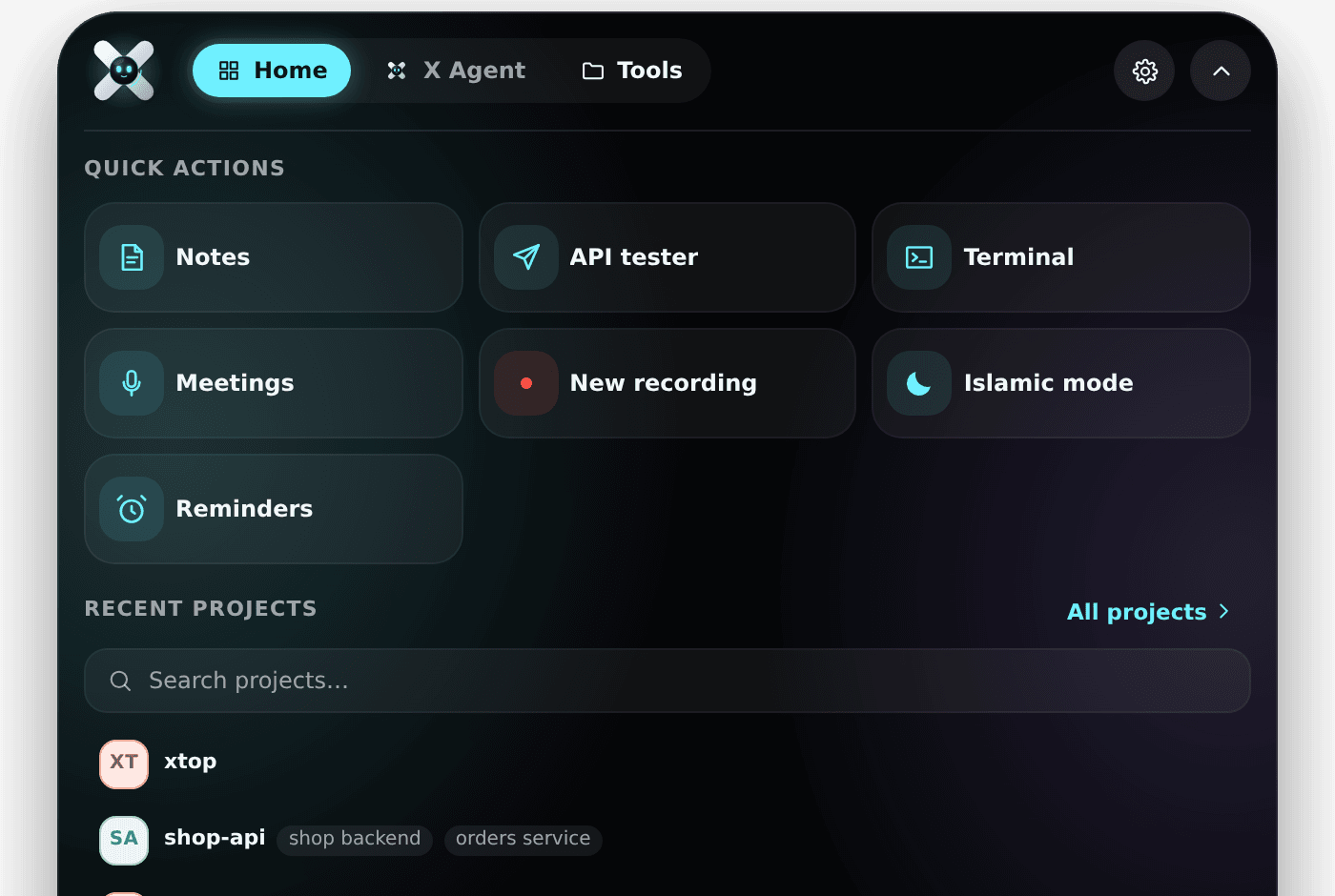 Home: the four quick actions, then the projects you opened last.
