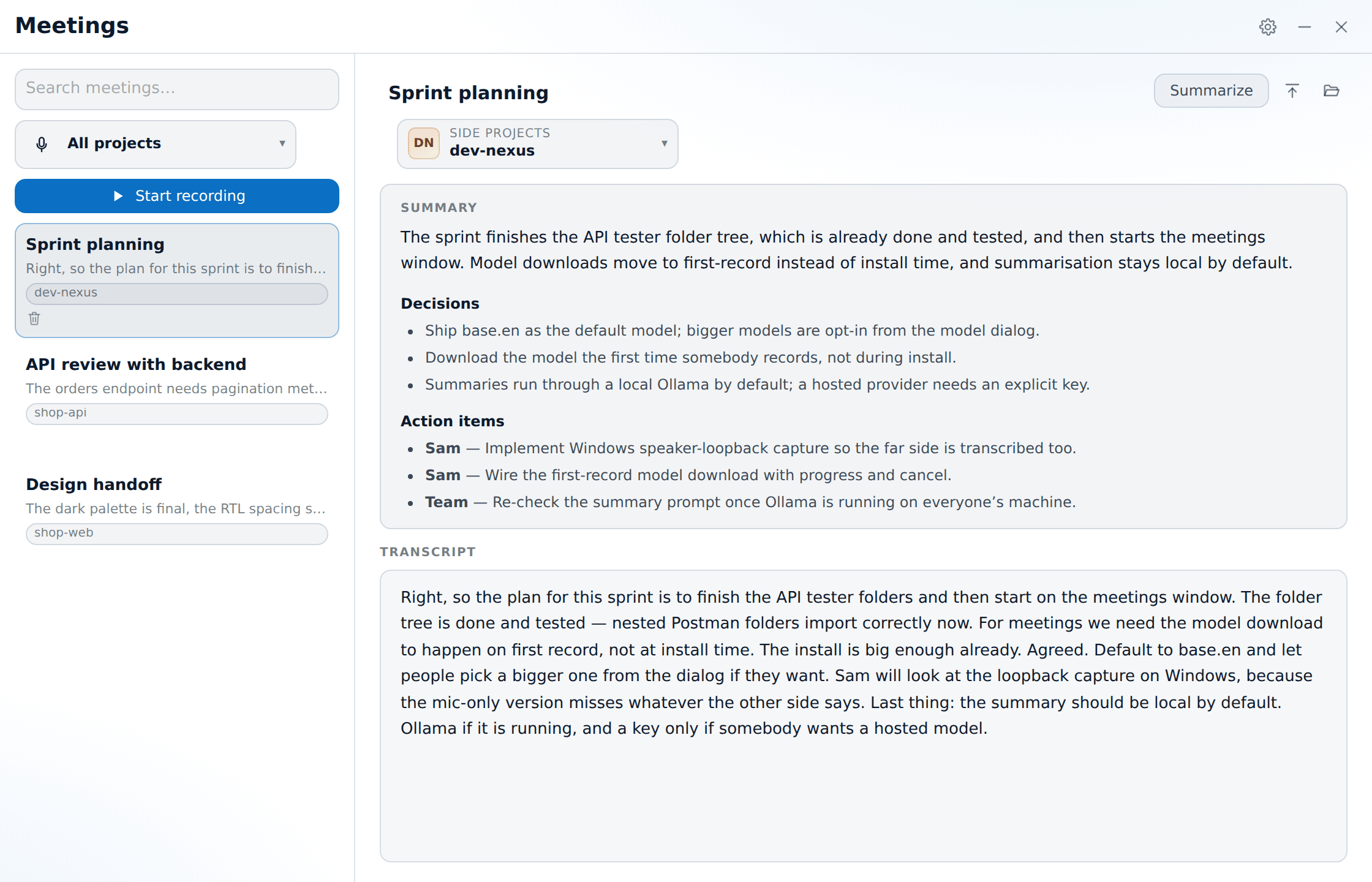 A finished meeting: summary, decisions, action items, and the full transcript.