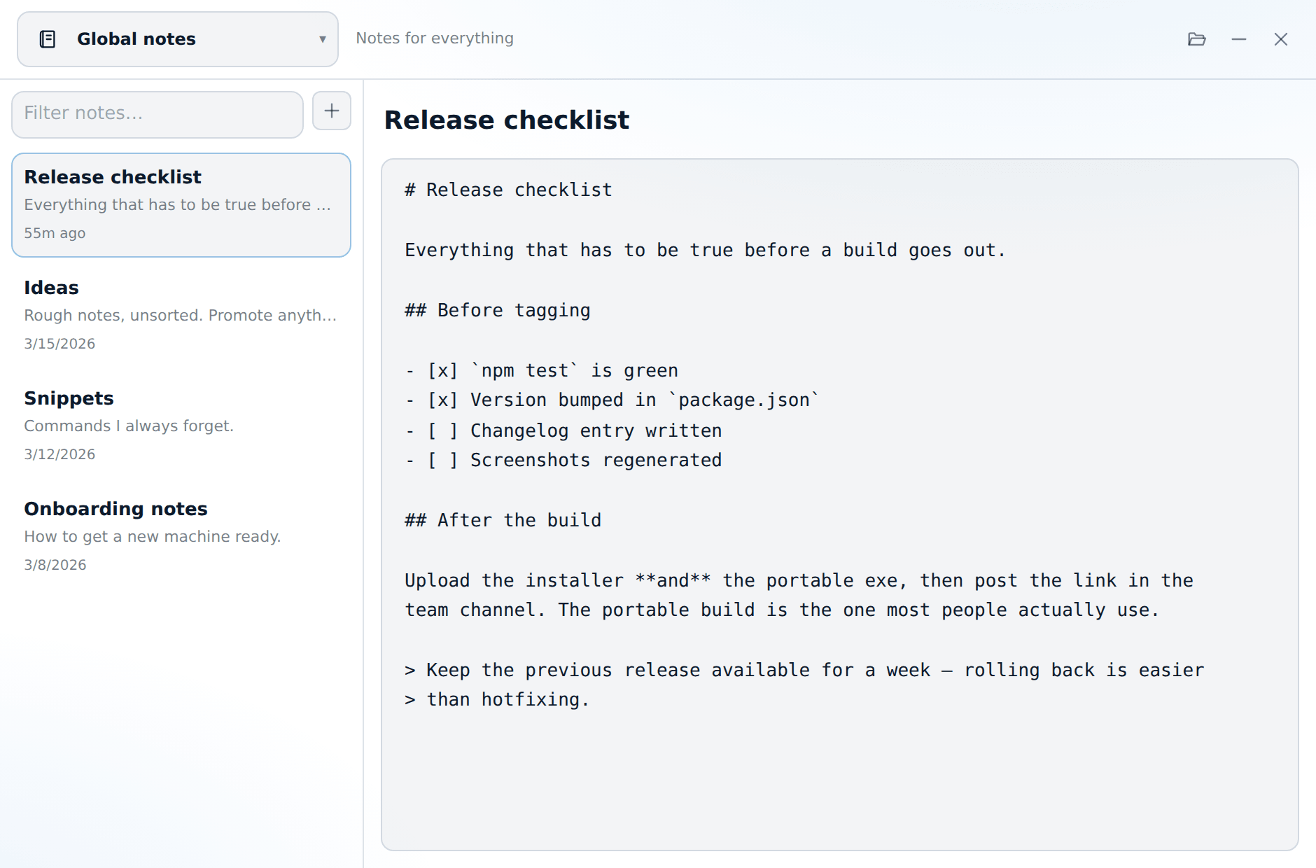 The scope picker at the top, the note list, and the editor.