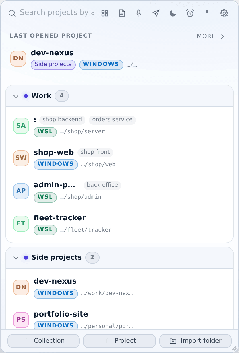 The panel: collections, projects, and everything else behind the header icons.