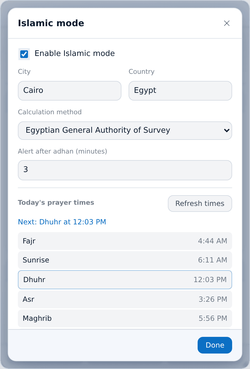 City, country, calculation method, and how long after the adhan to alert.