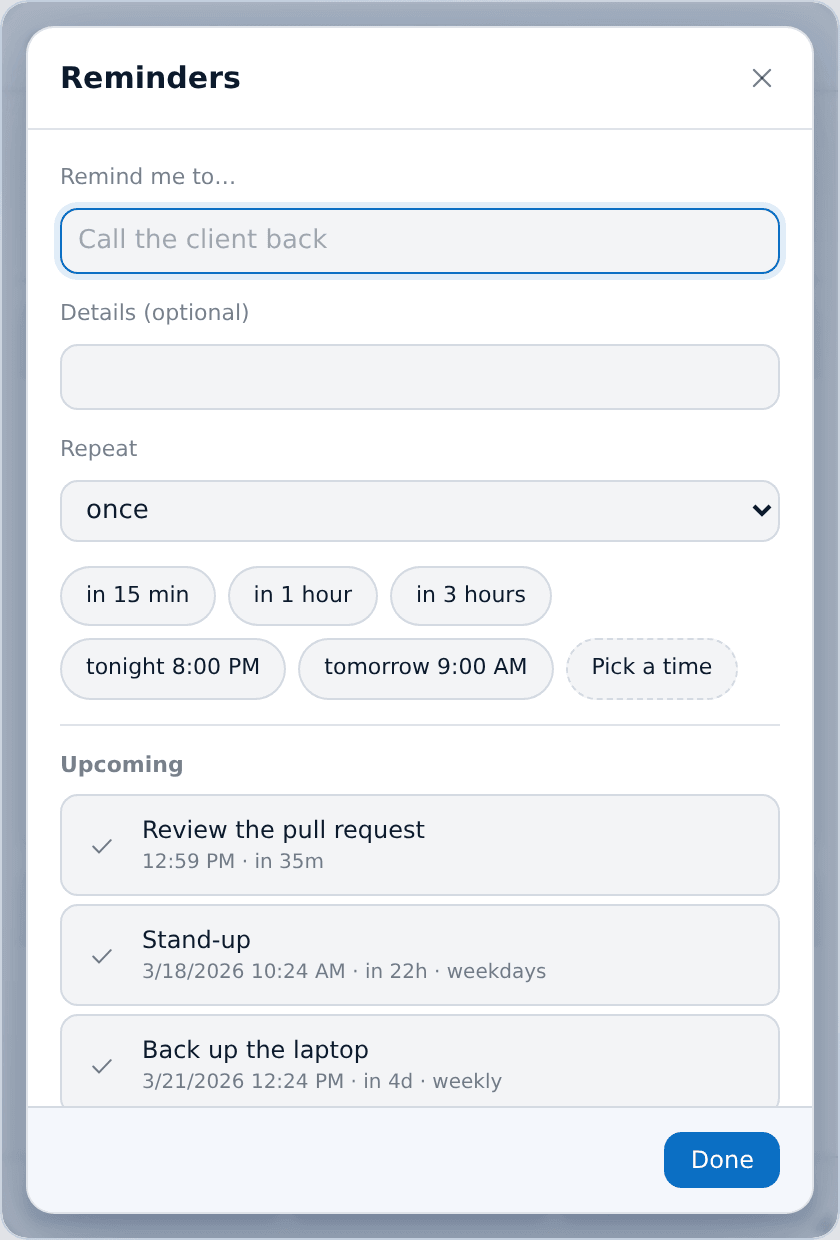 Text, optional details, a repeat, and the presets.