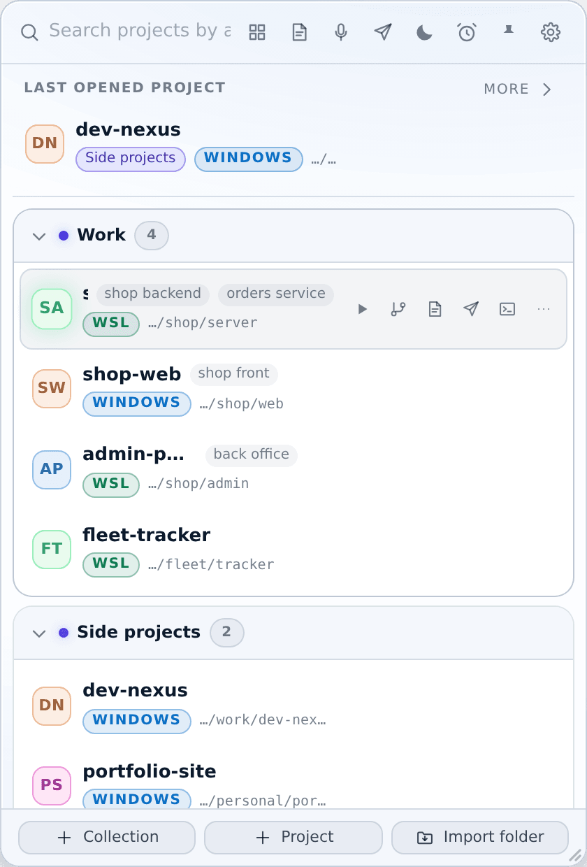 Run a command, git, notes, API, terminal — and ⋯ for everything else.