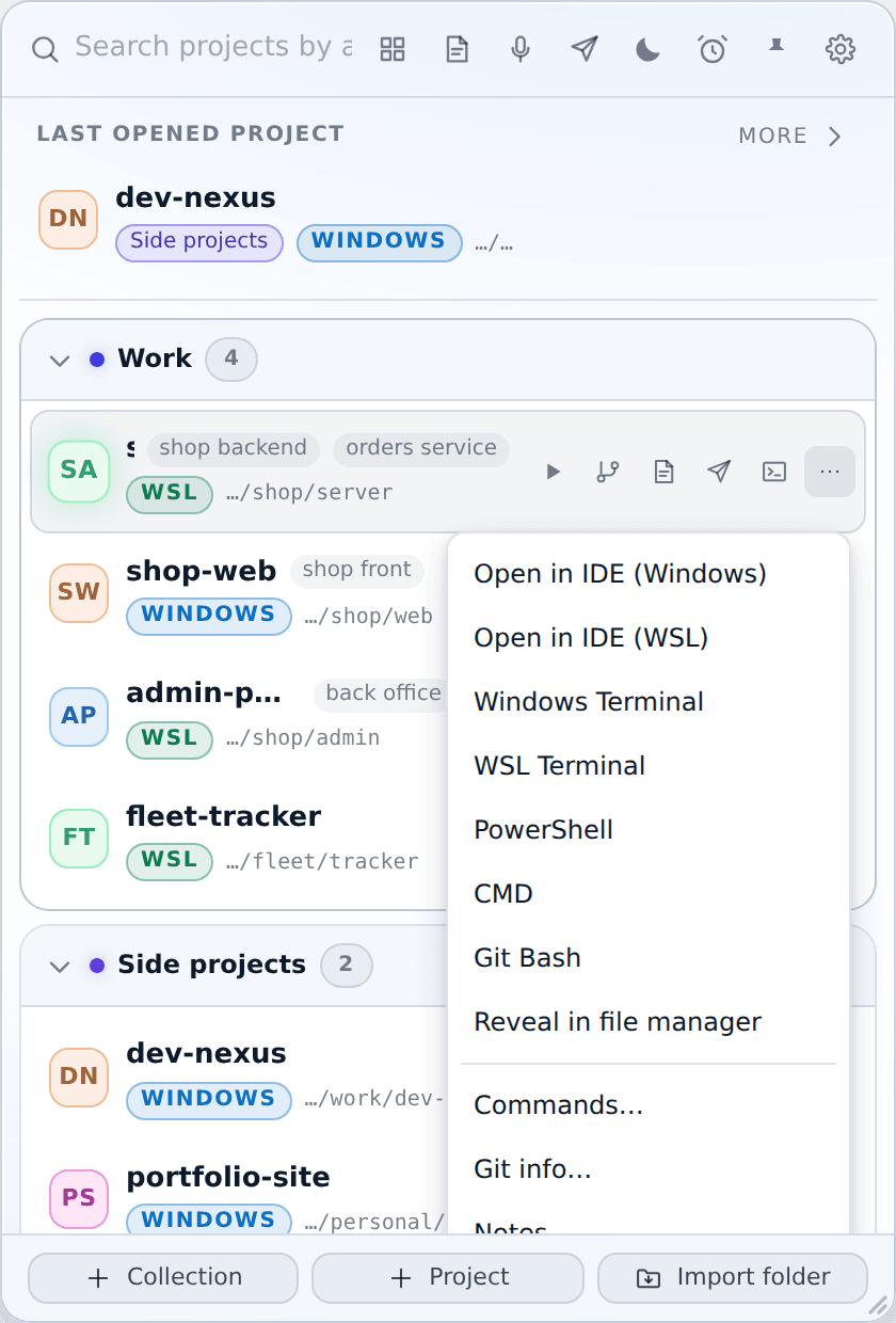 The ⋯ menu carries the per-open variants.