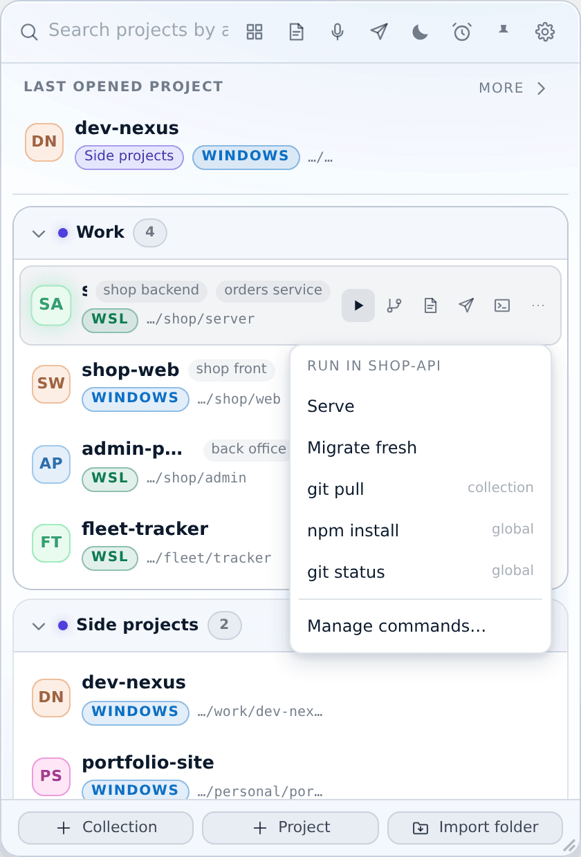 A project's command menu: its own commands first, then the collection's, then the global ones — each tagged with its scope.