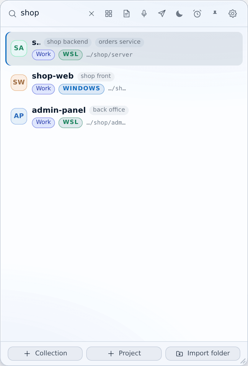 Typing filters instantly; the matching alias is shown next to the project name.