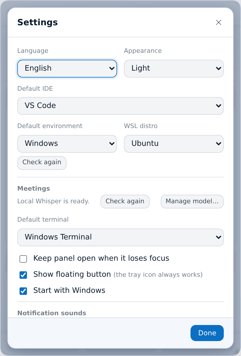 Settings — language, theme, defaults, meetings, sounds and backup.