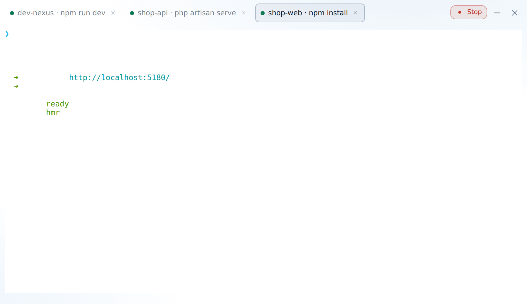 One tab per session. Green dot = running, grey = exited.